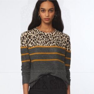 BeachLunchLounge Grey Brown Leopard Block Print Knit Sweater L Paola Crew